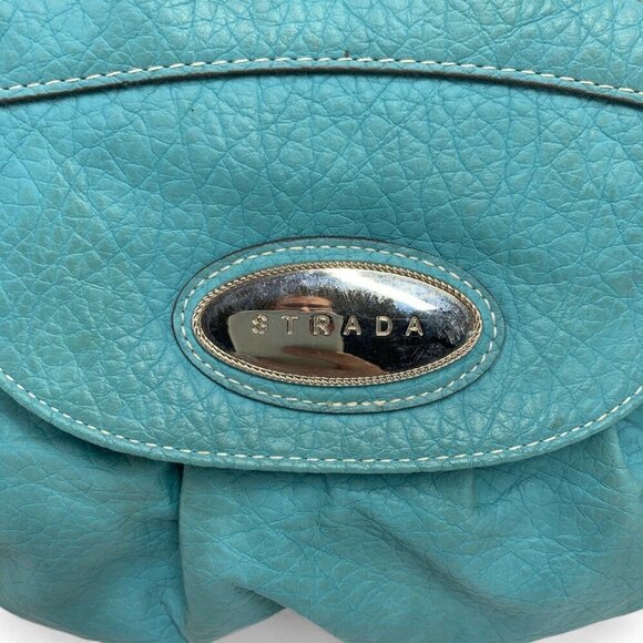 Strada Pleated Shoulder Bag Teal Blue Faux Leather Pink Lining 15"W x 12"H x 5"D - Picture 4 of 11